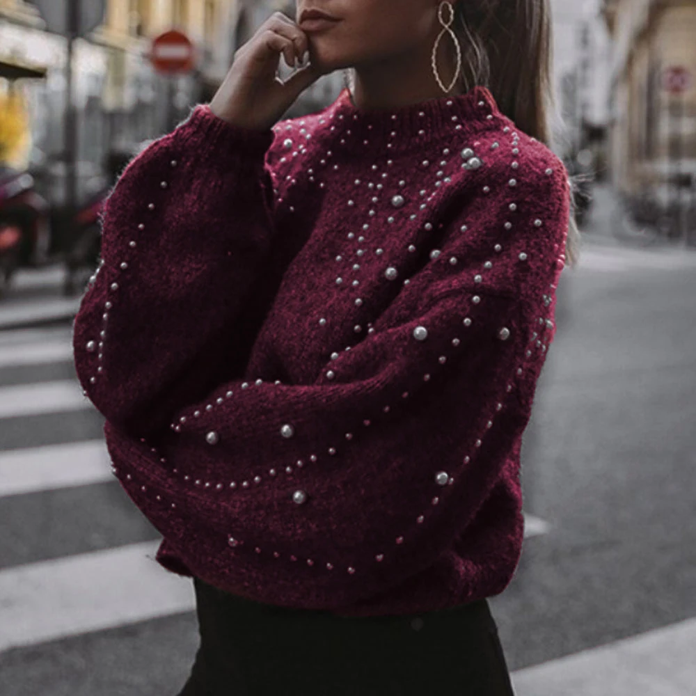 Women Fashion Lantern Sleeve Pearls Knit Winter Warm Sweaters Ladies Solid Color O-neck Loose Slim Fit Short Pullovers 2019 New | Женская