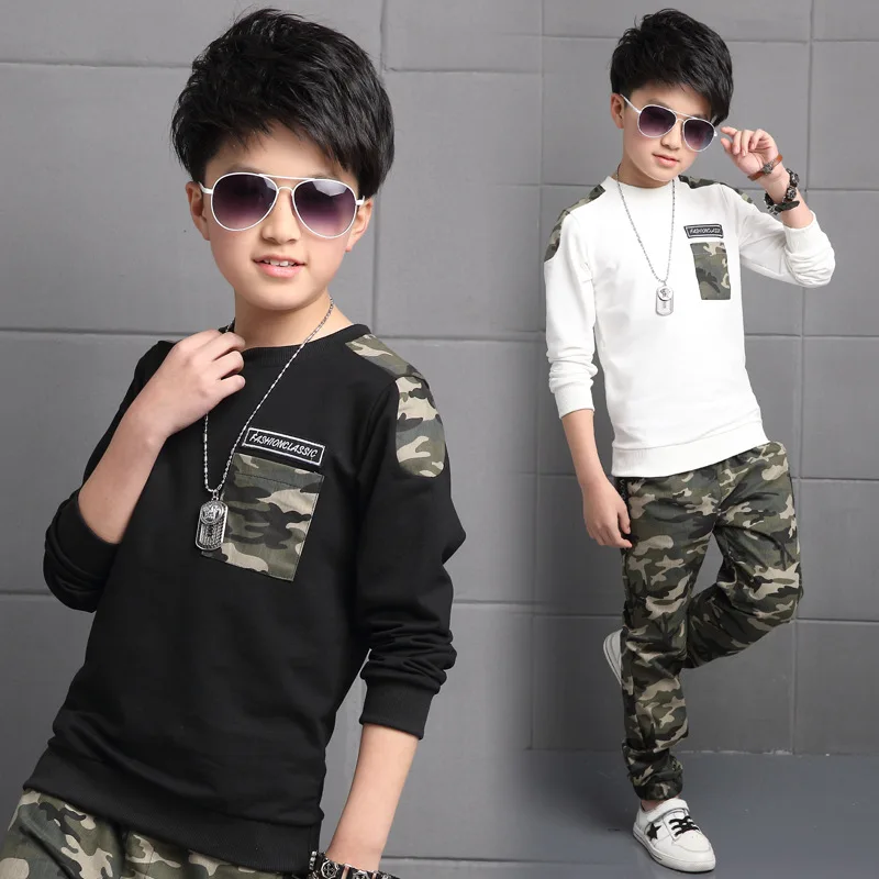 Boys T-shirt + Pants Sports Suits Kide Clothes Sets Children's Camouflage Black and White Color 4 14 Ages Clothing Set |