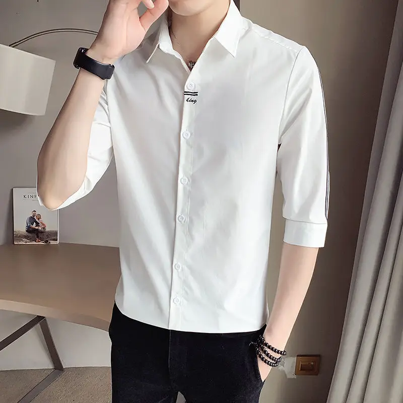 

Новое поступление лета 2021, повседневная мужская рубашка с коротким рукавом, тонкая модная облегающая одежда в белую полоску, бесплатная дос...