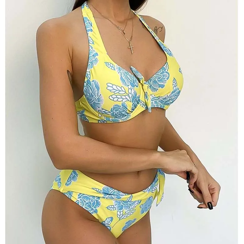 

G69Women Summer Print Sexy Backless Halter Bandage Bikini Push Up Two Pieces Plus Size Swimwear perfect for vacations beach pool