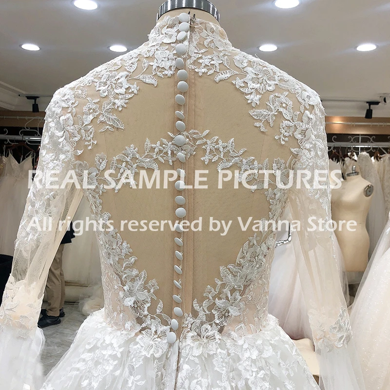 

High Neck Appliqued Wedding Dress Long Sleeves See Through Back Plus Size Custom Made Elegant Luxury Church Bridal Gowns 5659#