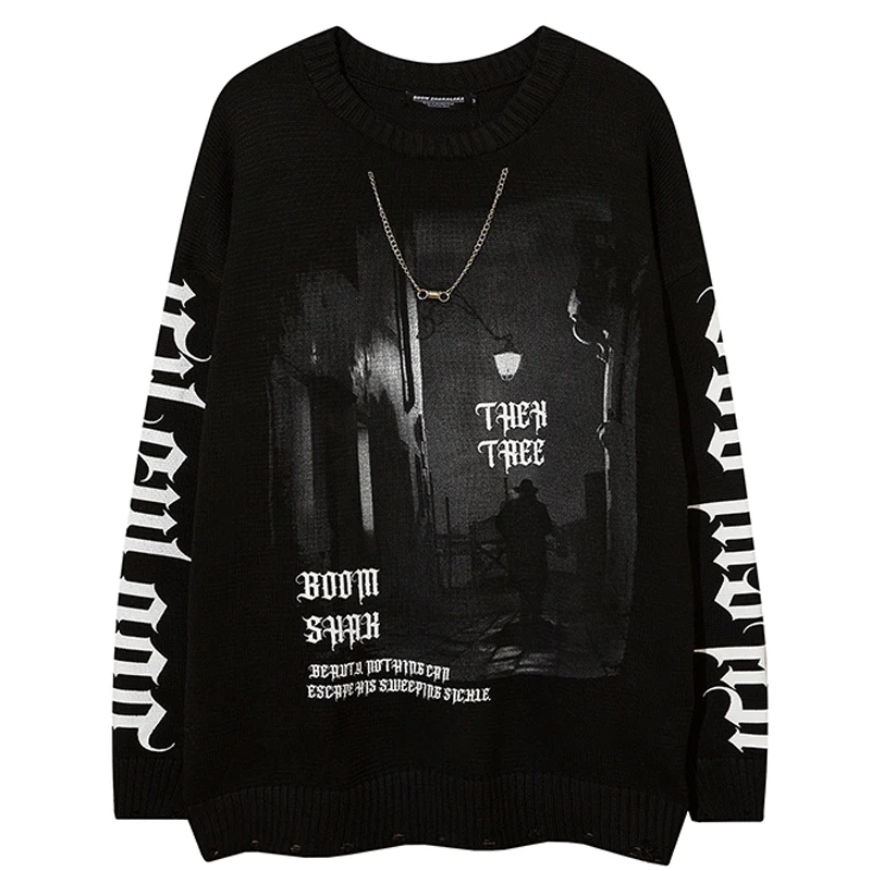 

Men Casual Vintage Necklace Sweaters Winter Unisex Retro Hiphop Oversize Couple Knitwear Male Harajuku Black White Pullover