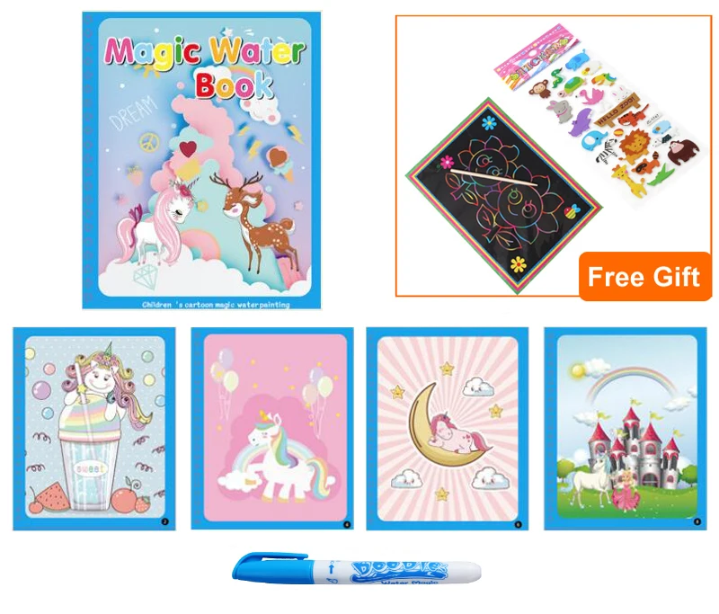 Unicorn 1TZ1GGH Волшебная водная книга для рисования, книга-раскраска, Магические рисунки, ручка для рисования, доска для рисования, детские игрушки, подарок на день рождения, Рождество, Год, GYH - Цвет: Unicorn 1TZ1GGH