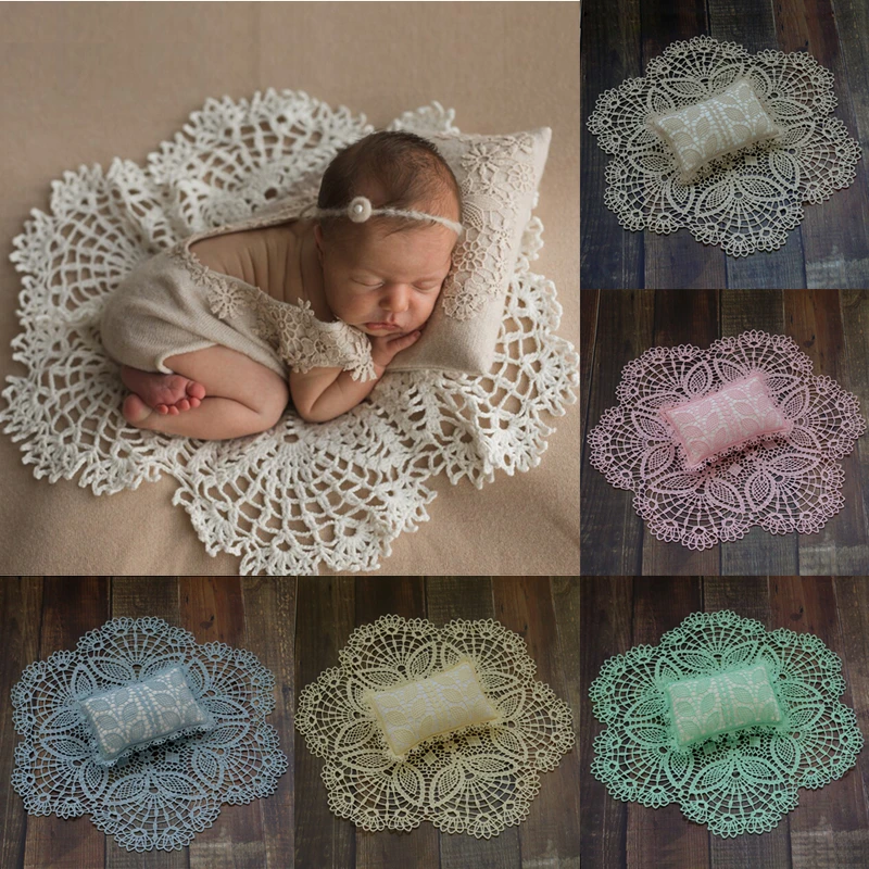 Newborn Photography Props Accessories Hollow Crochet Blanket+Pillow Studio Baby Photo Props Newborn Shoot Decoratio Cushion