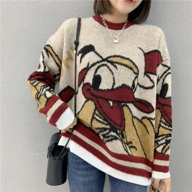 

Net red sweater women autumn and winter new style western cartoon loose color matching Donald Duck sweater top