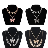 iced out cuban link chain butterfly choker necklace 2 layered bling tennis chain crystal necklaces for women jewelry gift