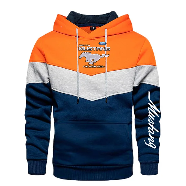 

2021 New Men's Spring and Autumn Ford Mustang Logo Round Neck Casual Pullover Long Sleeve Patchwork Color Hoodie 5 Colors