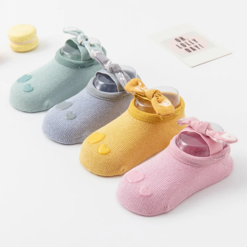 

Autumn Knitted Baby Socks Bowknot Knitted Cute Cotton Non-Slip Infant Floor Short Infant Heart Print Solid Color Short Socks