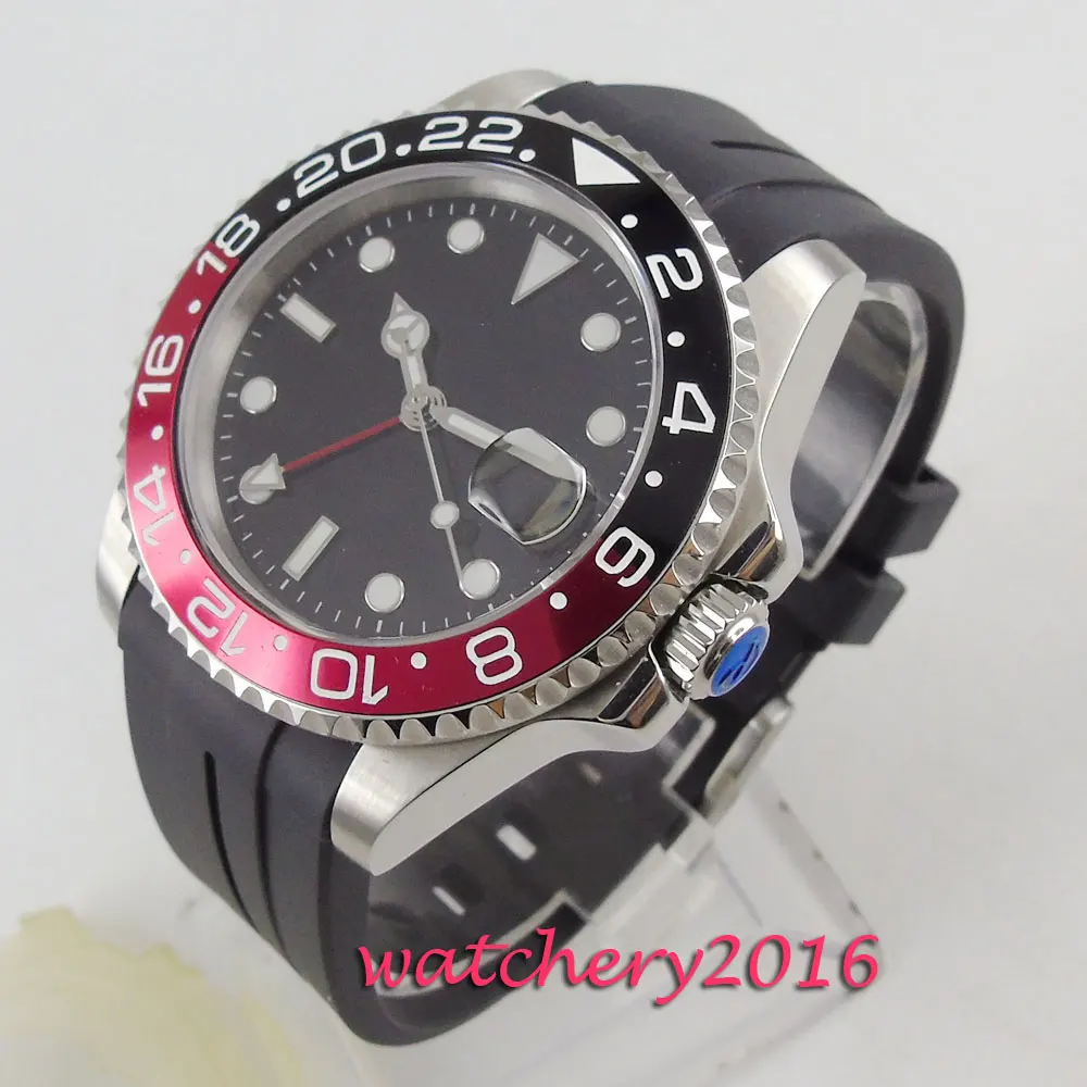 Мужские часы PARNIS 40 мм с черным стерильным циферблатом и сапфировым