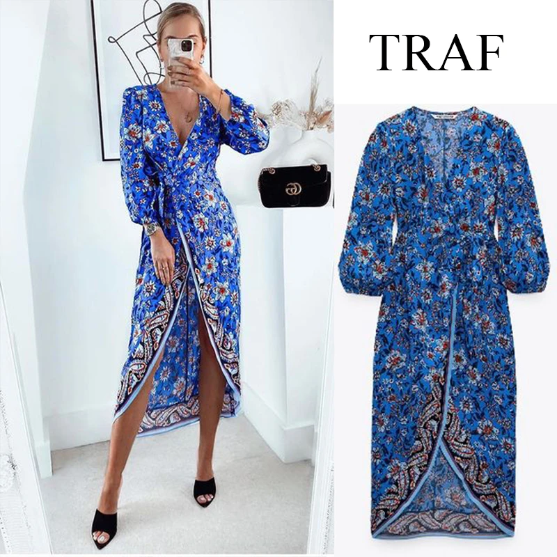 

TRAF Za Women's Clothes Fashion Vintage Floral Print Kimono Dress Irregular Hem Women's Chic V-neck Bowknot Wrap Slim Vestidos