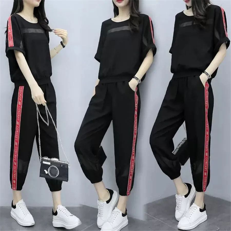 

2021 Summer Casual Tracksuits Women 2 Piece Set ONeck Tops + Pants New Arrival Short Sleeve Sporting Suits