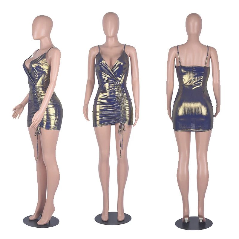 

Club Shiny Spaghetti Strap Dress Women Summer Beach Sleeveless V Neck Bodycon Mini Dress Fashion Ruched Bandage Sexy Party Dress