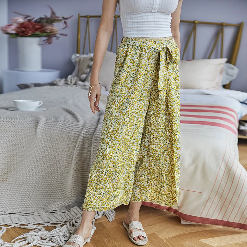 

2020 New Loose Wide Leg Pants Women High Waist Casual Drawstring Full Length Pant Floral Trousers