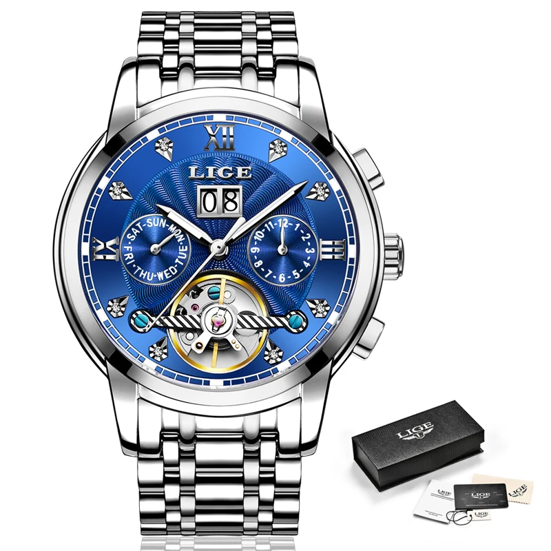 

LIGE Men Watch Mechanical Tourbillon Luxury Fashion Brand Stainless Steel Sports Watches Mens Automatic Watch Relogio Masculino