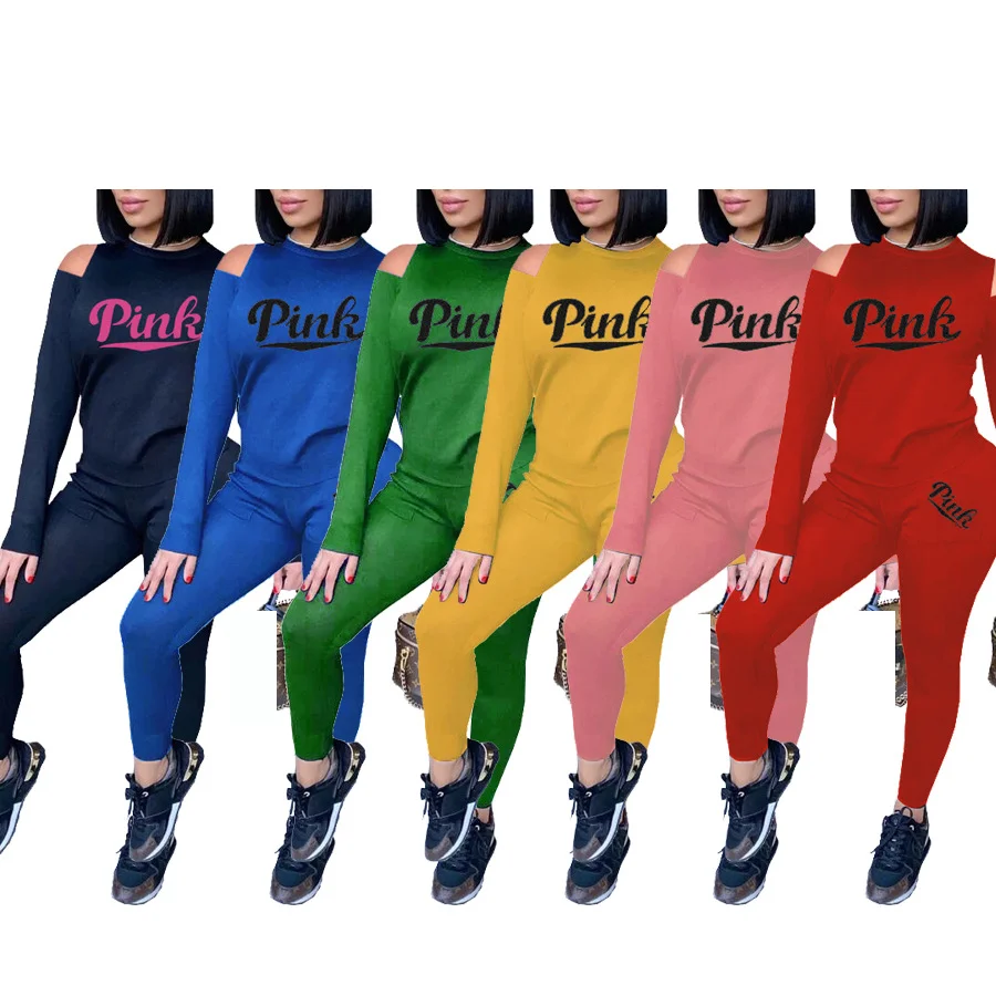 

Autumn Women'S Tracksuits Long Sleeve Top Pants Sets Pink Letter Print Fashion Two Piece Clothes Sets Female Sports Workout 2pcs