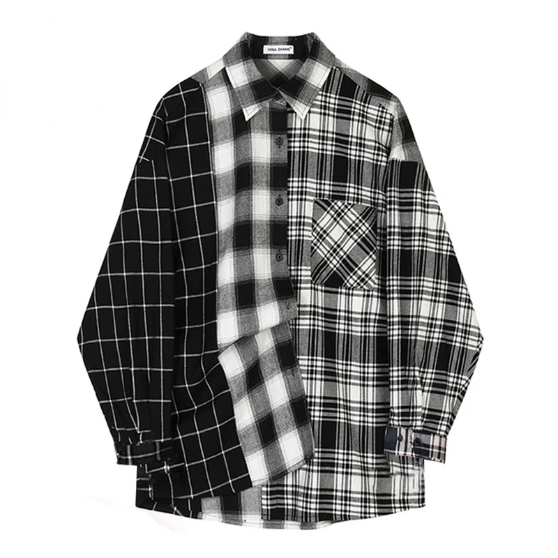 

Oversized Plaid Patchwork Blouses Vintage Streetwear Boyfriend Shirt For Ladies Ulzzang Harajuku Long Sleeve 2021 Blusas Tops