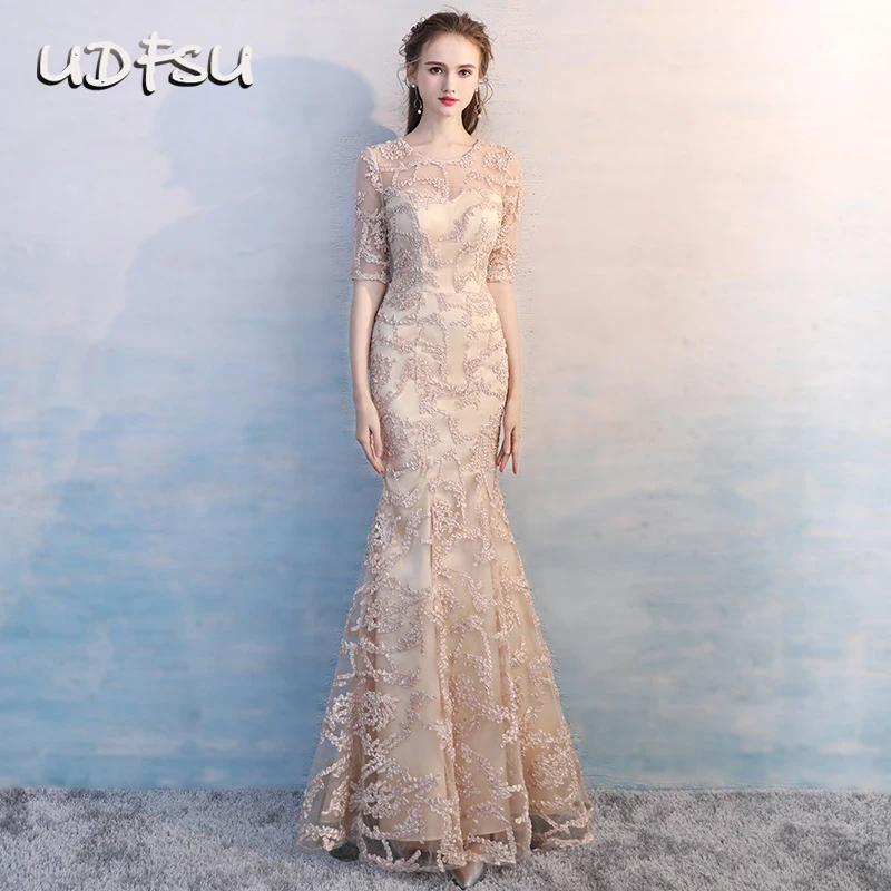 

UDFSU Women Half Sleeve Simple Princess Mermaid Dress Slim Fit Floor Length Evening Dress Appliques Elegant Party Gowns