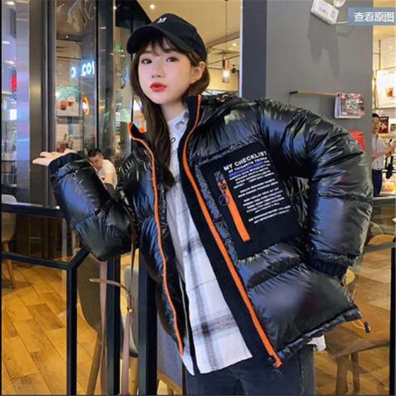 

Зимний женский пуховик, Модный Блестящий теплый топ с капюшоном, зимнее пальто, новинка, Женская Куртка 8812