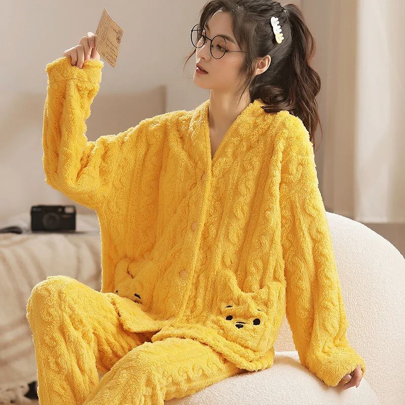 Pajamas for Women Winter New Flannel Plus Velvet Thick Flower Bear Cartoon Women's Pajamas Set Sleepwear Homewear Pijama Mujer