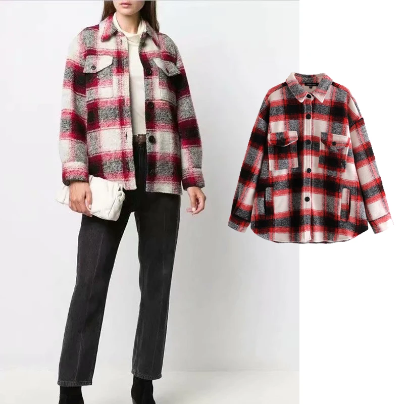 

ZA 2020 Women autumn new wool Turn Down Collar Woolen Coat Plaid Print Elegant Jacket Women Autumn Long Coat Casaco Feminino