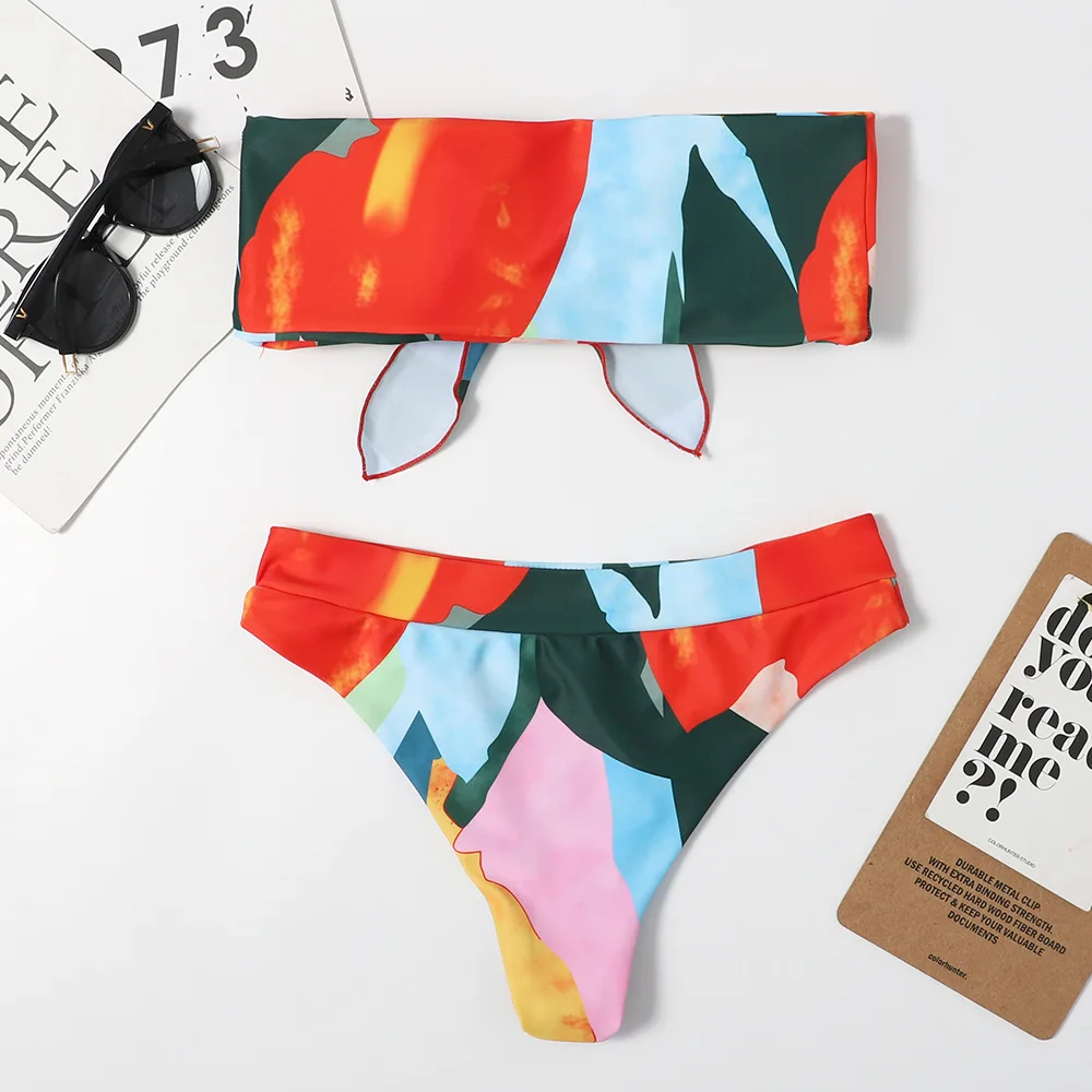 

Sexy Knot Maillot De Bain Bandeau Bikini 2021 Bandage Swimsuit Print Swimwear High Waisted Push Up Swimming Bathing Suit Wommen