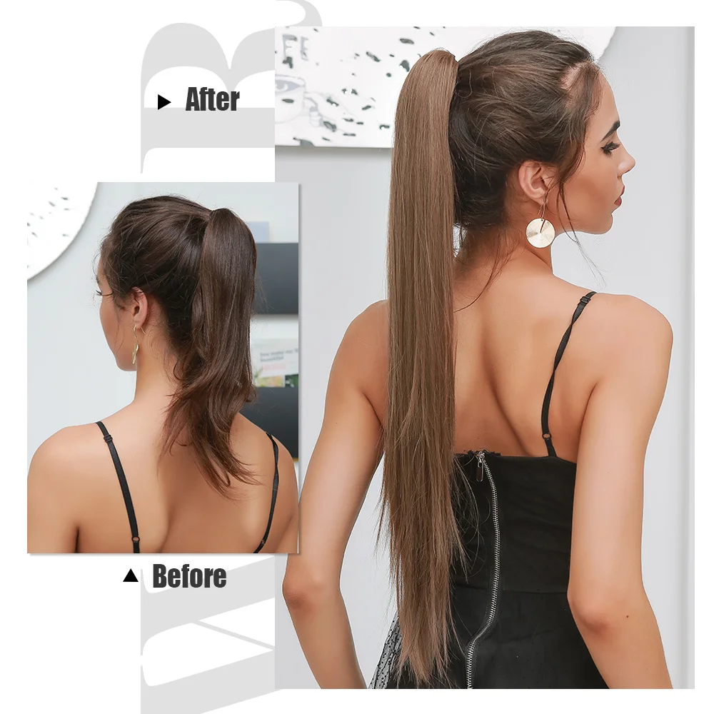 Louis Ferre - women's synthetic extended hair 18 / 28 inch horsetail clip long wave straight brown |