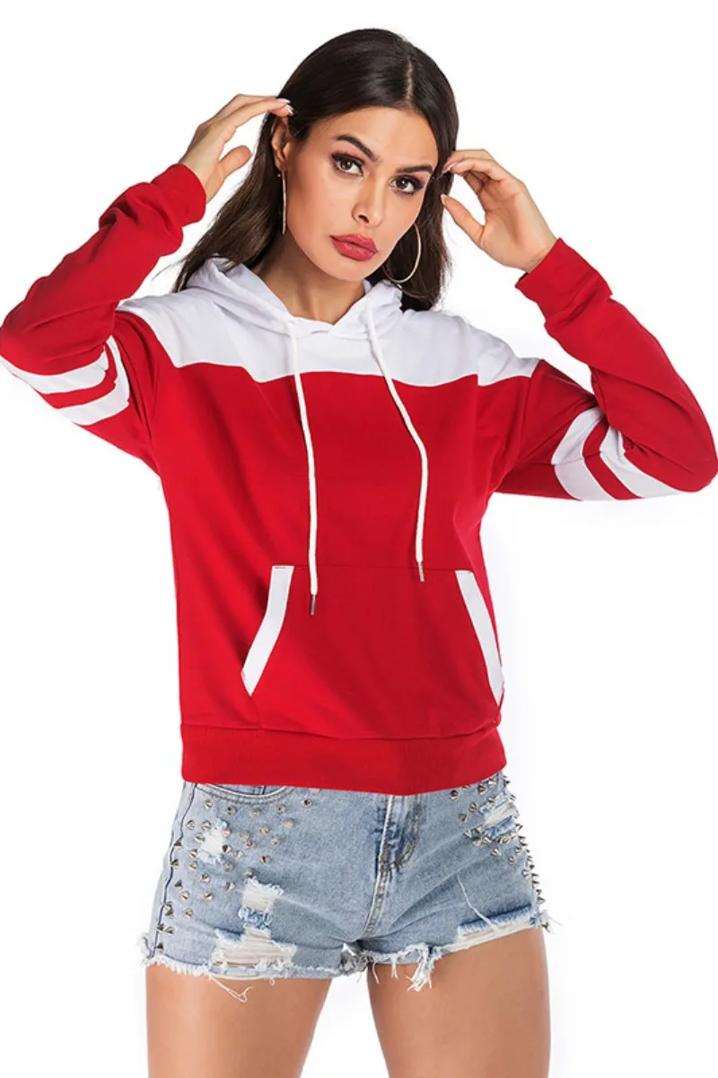 

2020 Street Style Hooded Hoodies For Women Red White Patchwork Stripe Sweatshirts Loose Vintage Pocket Style