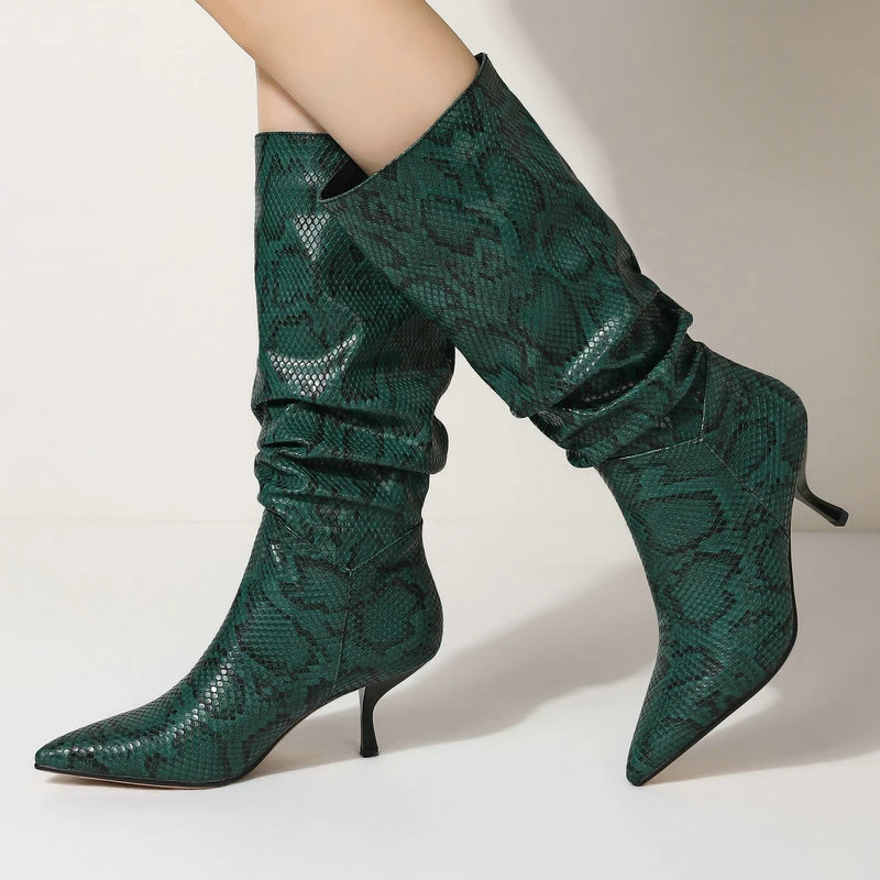 

Print Knee high Boots Woman New poined Toe Shoes Lady Daily Long Boots 7.5cm high Heels green pink Brown Boots Women Size 43