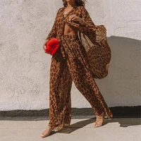 summer women two piece sets fashion elegant leopard tops and wide leg pants suits spring long sleeve button shirt street outfits
