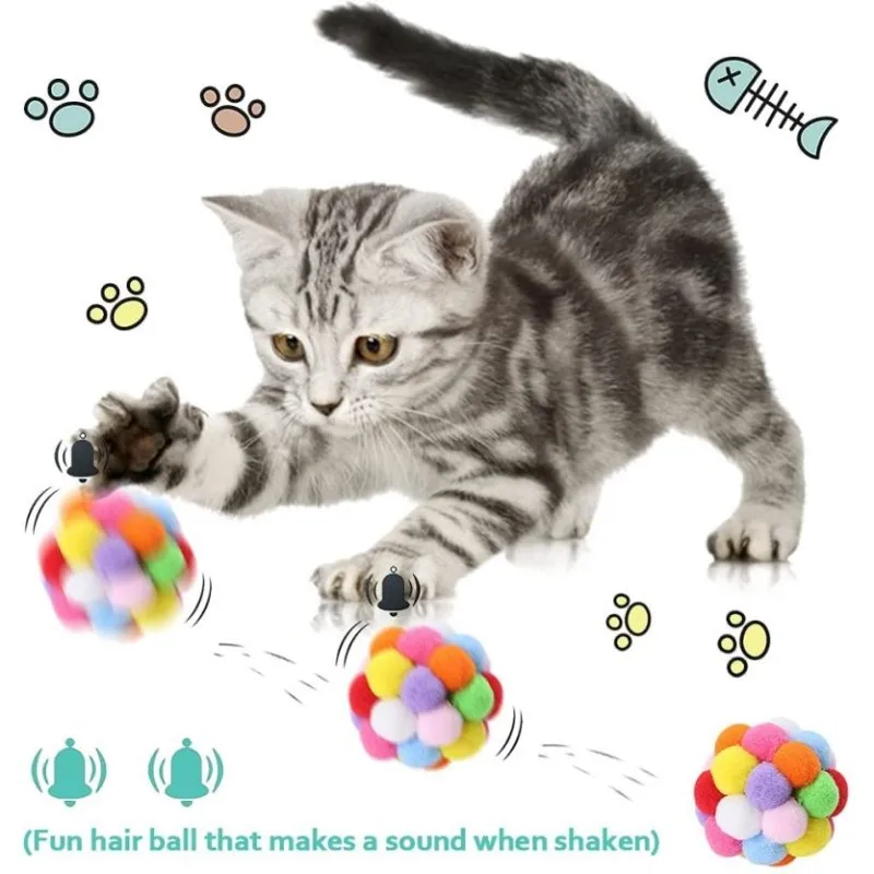 Colorful Cat Ball Handmade Plush Bouncy Colorful With Bell Interactive Kitten Training Playing Chewing Soft Toy Elastic Chew Dog