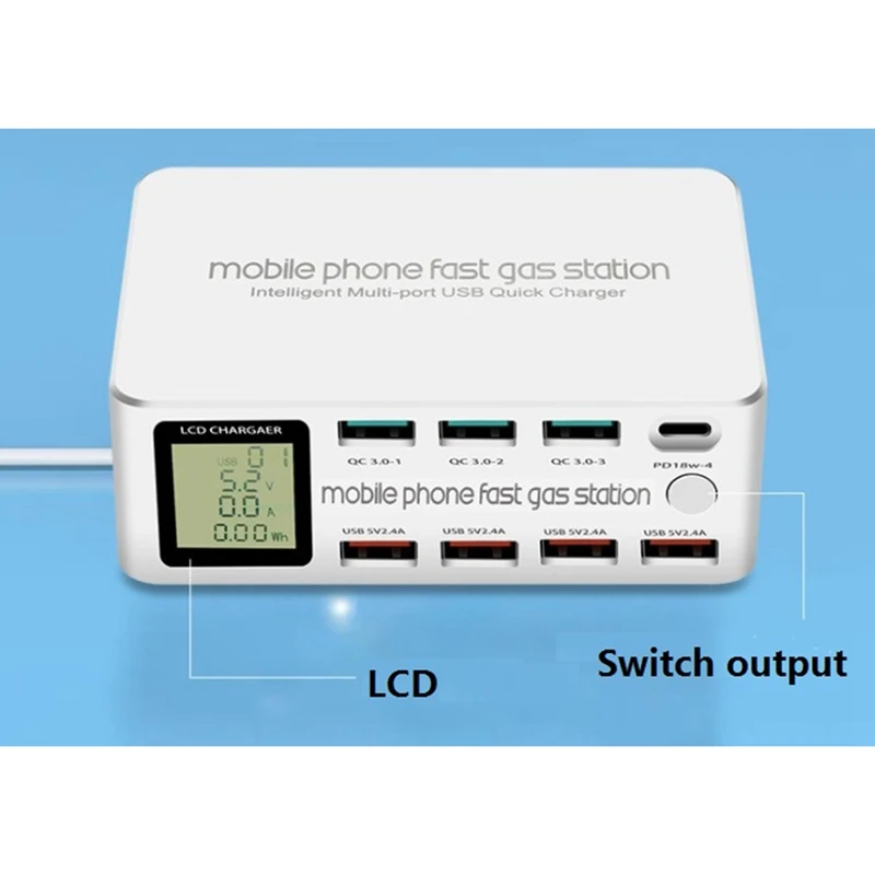 

100W 8 Ports LCD Display Quick Charge 3.0 USB Charger Adapter HUB Type C PD Fast Phone Charger for Phone,EU Plug