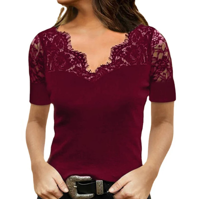 

Hot Selling Fashion Solid Color Short Sleeve Lace T-Shirt Summer Casual Loose Plus Size Tops for Women