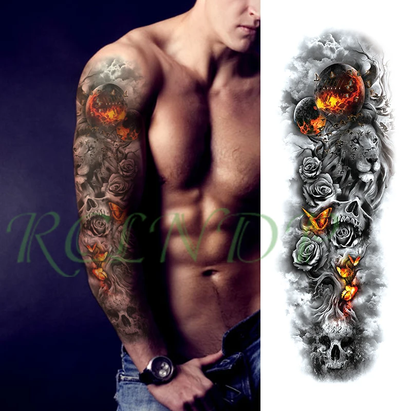 Водостойкая Временная тату наклейка Лев цветок бабочка Череп на всю руку большой