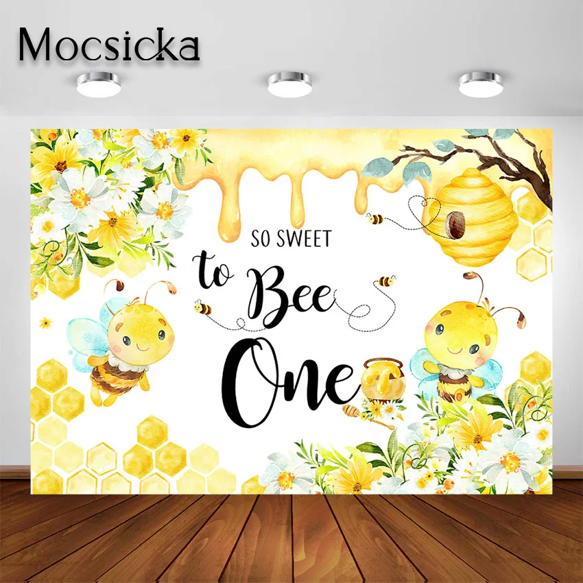 Mocsicka Honey Bee Theme 1st Birthday Backdrop Bumble Bee  Birthday Party Decorations Photo Background First Birthday Party