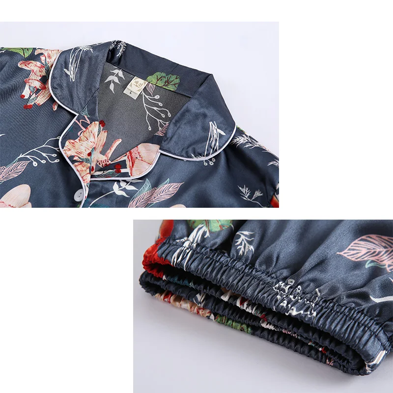 CAIYIER 7 Pcs Flower Silk Satin Pajamas Set Sexy Lingerie Sleepwear Suit Long Sleeve Top Elastic Waist Pants Women Robe Homewear