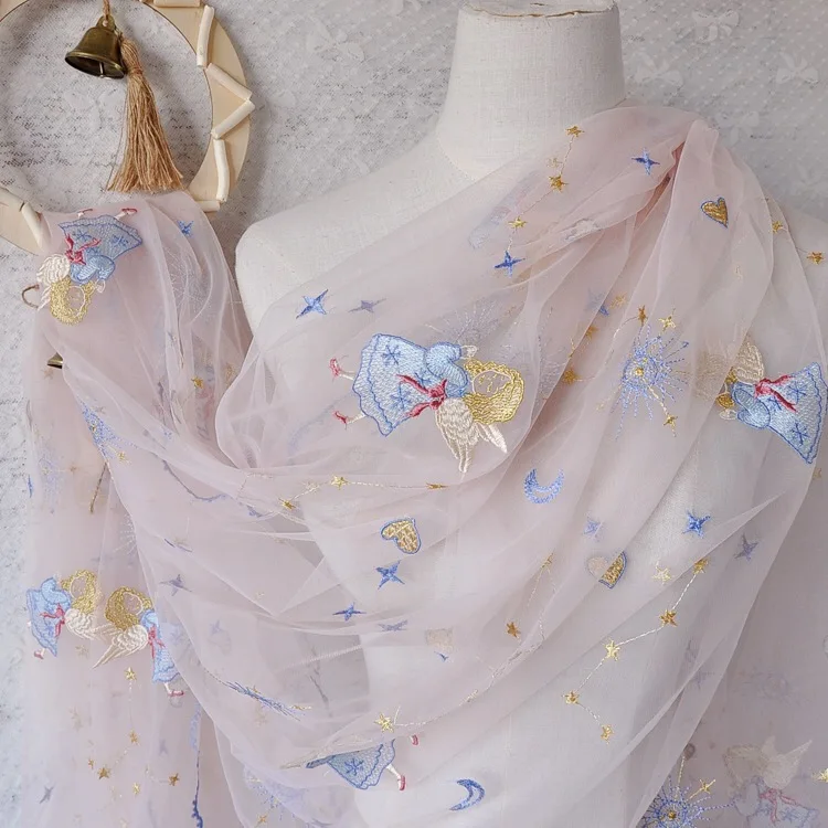 

delicate light blue tulle mesh with Angel pattern lace fabric for evening gowns, dresses making 2020 NEW