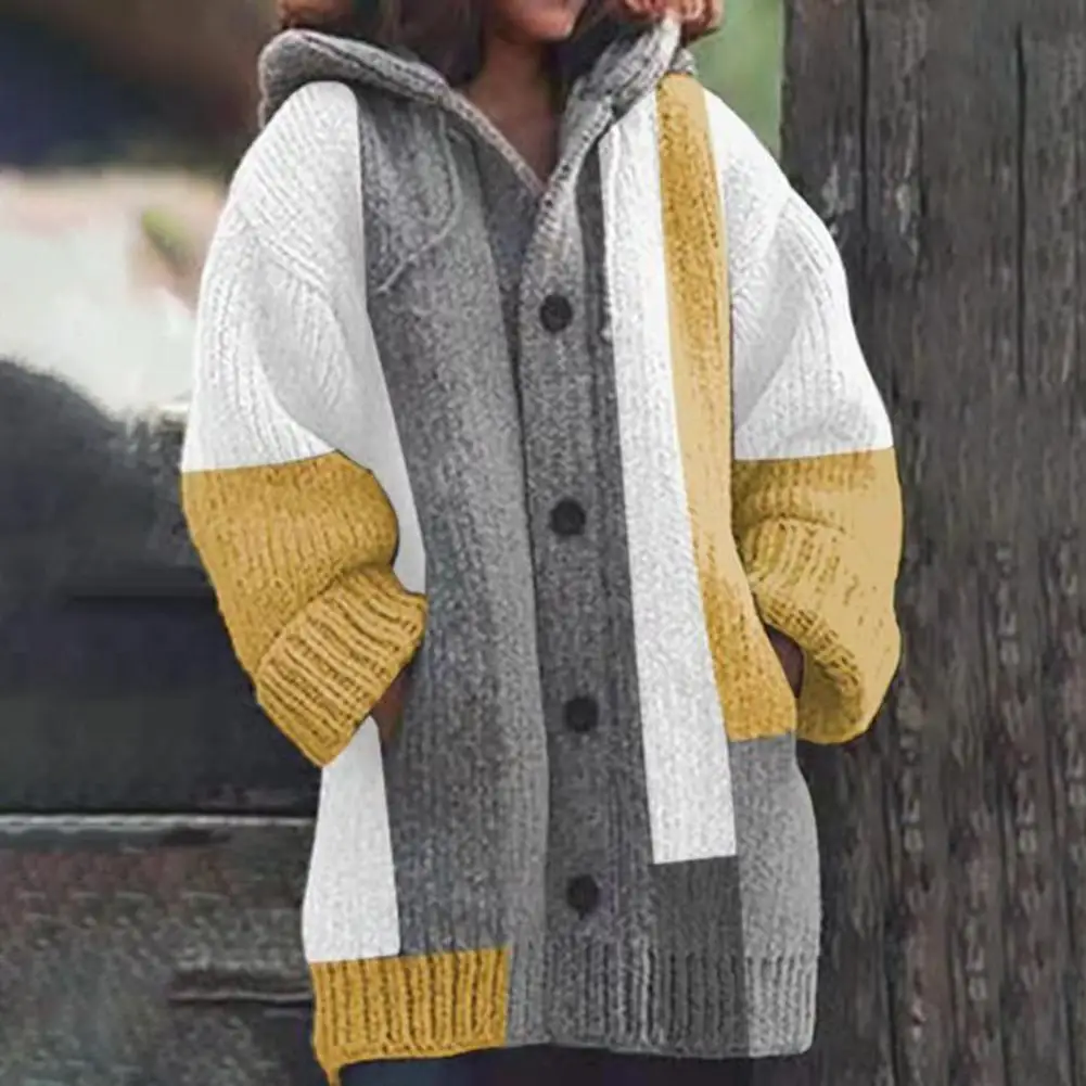

Женский кардиган на пуговицах, вязаное пальто с длинным рукавом и принтом в стиле пэчворк, с капюшоном и кулиской, верхняя одежда, осень-зима...