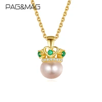 pagmag heart crown with natural pearls pendant necklace for women 925 sterling silver necklace statement gift fine jewelry