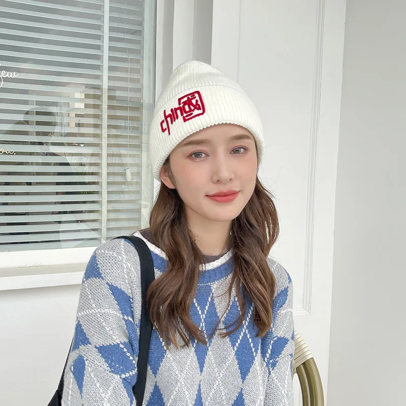 

Handmade Knitting Woolen Yarn Beanies Hats Unisex Creativity Chinese Character Skullies Caps Fall Winter Warm Ear Care Bonnets