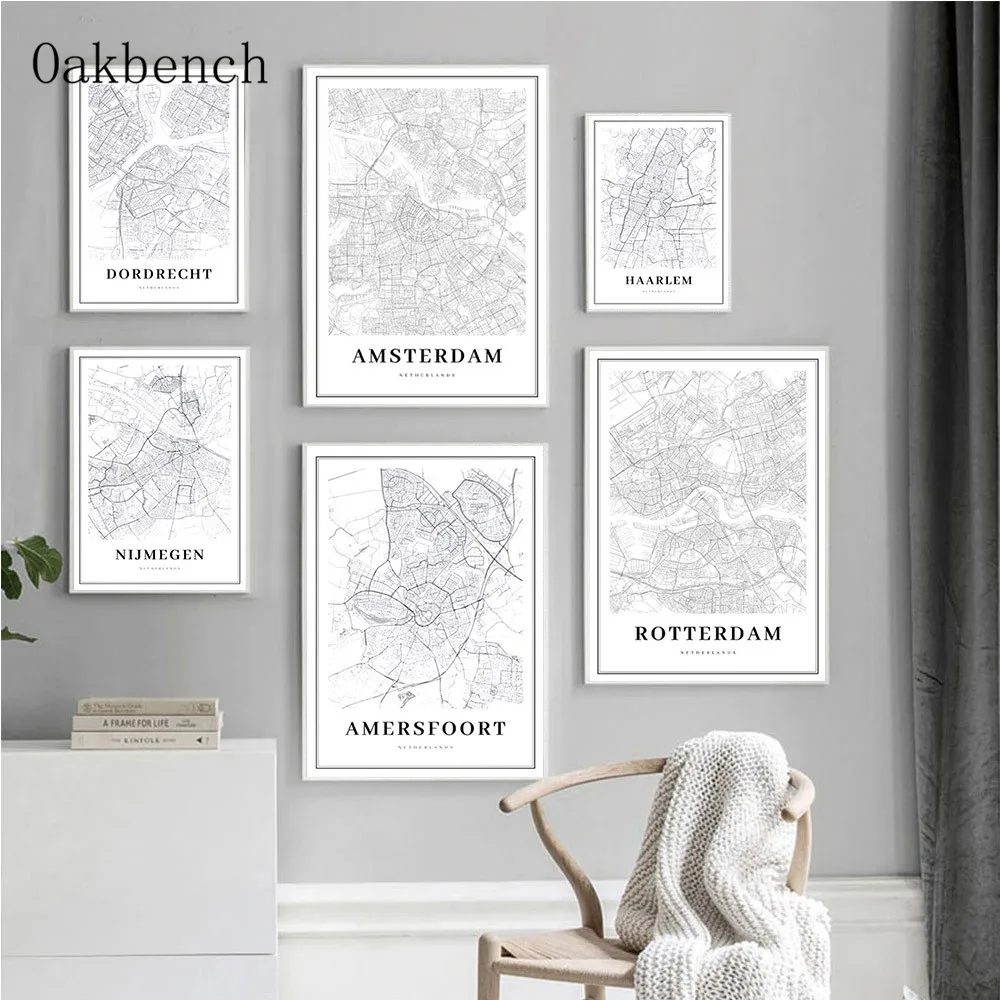 Черно белая карта настенная Картина на холсте пейзаж мира плакат Нидерланды