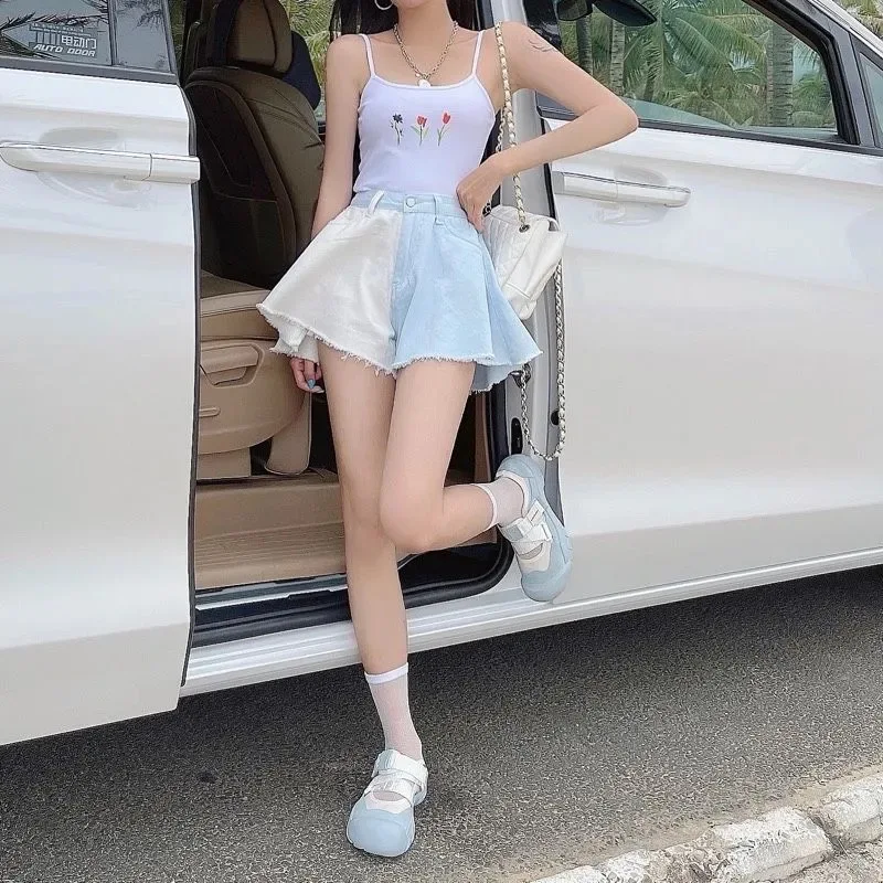 

Summer Harajuku Shorts Women Color Contrast High Waist Jeans Female Casual Fashion Sexy Wide Leg A-line Shorts Cool Girls 2021