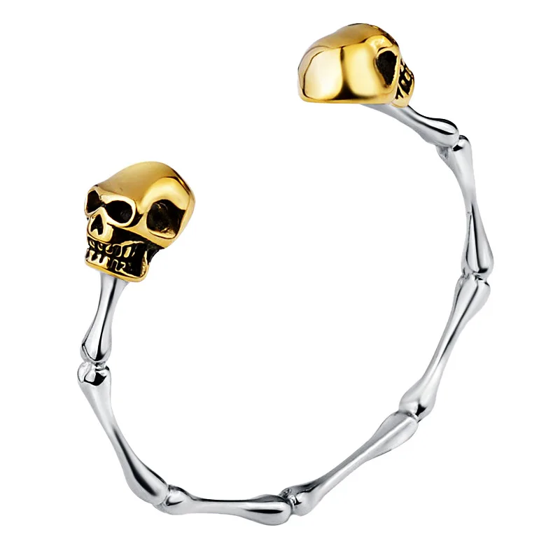 

Valily Jewelry Mens Skull head Bangle Gold Color bamboo design bangles Stainless Steel Cool Punk Bangle