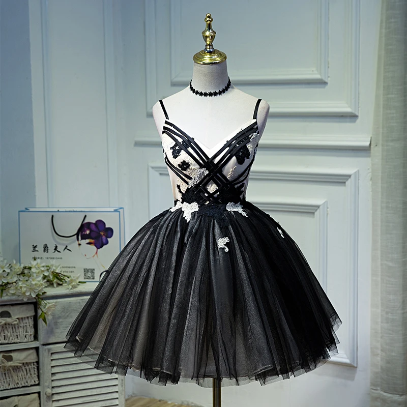 

Black Deep V-Neck Prom Dress Appliques Luxurious Sleeveless Lace Up Above Knee Pleat A-Line New For Women Party Prom Gown B813