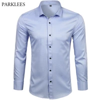 mens bamboo fiber dress shirts casual slim fit long sleeve male social shirts comfortable non iron solid chemise homme blue