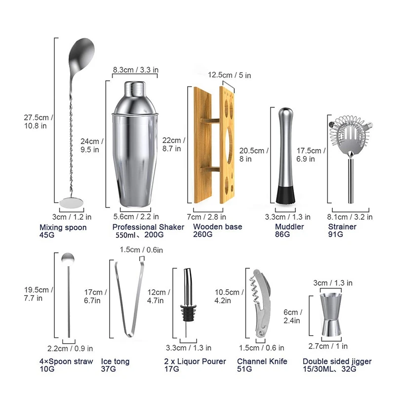 

14Pcs Cocktail Shaker Bar Set Stainless Steel Bartender Kit Mixer Drink Bartender BrowserKit Bars Set Tool Accessories