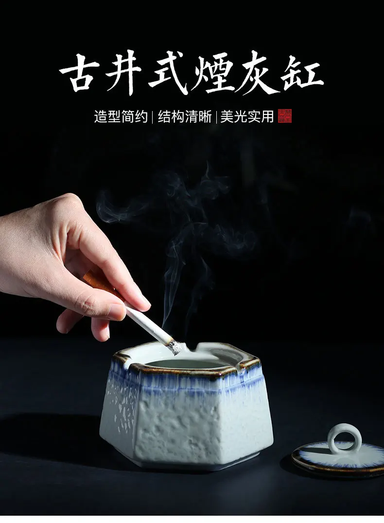 

Japanese Style Porcelain Ancient Well Type Ashtray Home Restaurant Gift Creative with Cover Hand-painted Ashtray Lid Funny
