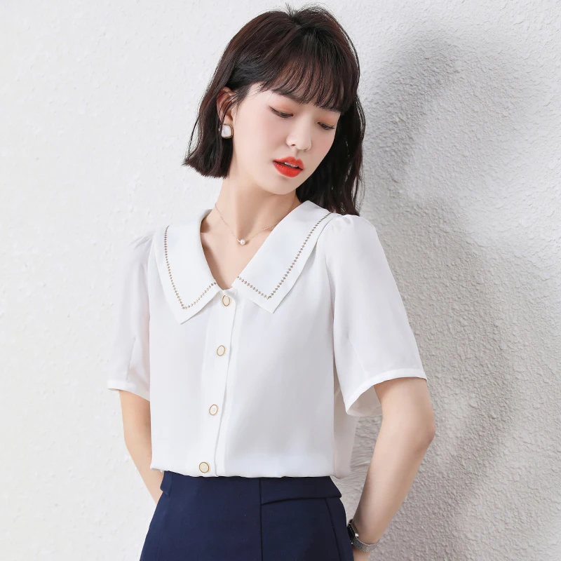 

Summer Korean Fashion Chiffon Button Down Shirt for Women Turn-down Collar Short Sleeve Office Lady Blouse Loose Women Tops