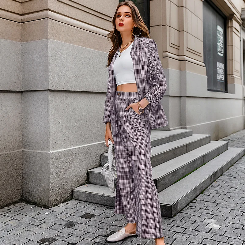 

2021 Spring Autumn New Elegant Plaid Two-Pieces Women Blazer Suit Casual Streetwear Female Blazer Set Office Ladies Work Clothes