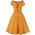 Желтый 50s 60 Pin Up халаты с винтажными пуговицами спереди, узор в горошек, летнее платье с короткими рукавами; Женская обувь для вечеринок с поясом хлопок миди платье из джинсовой ткани