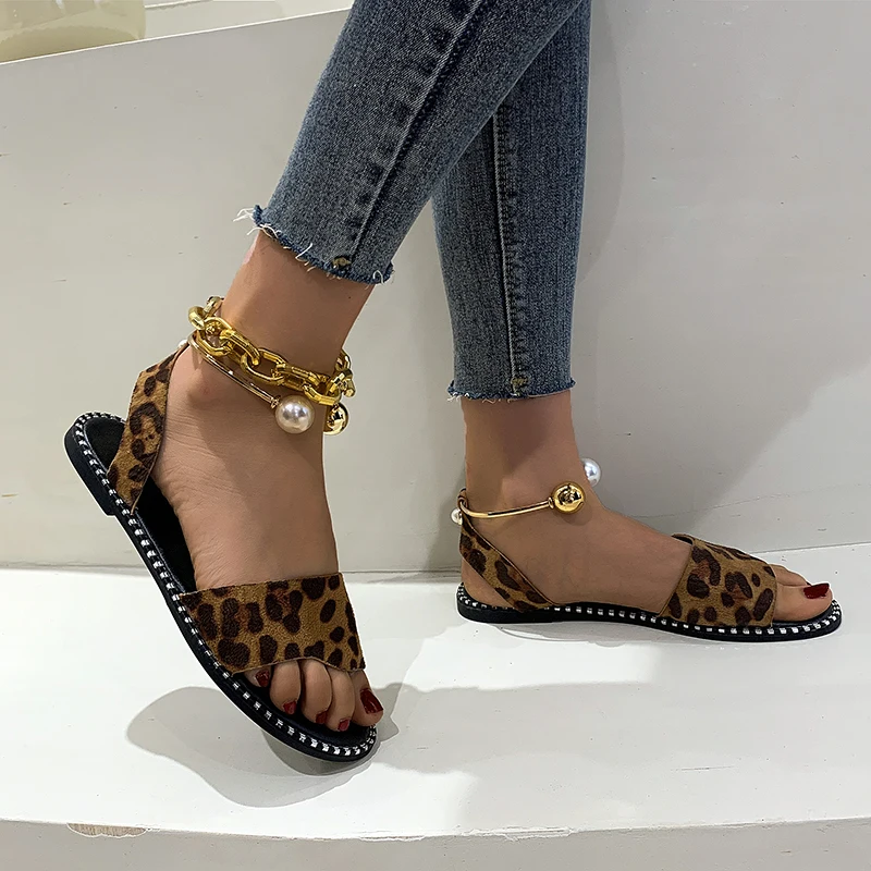 

2021 Summer New Fashion Women's Shoes Women Flat Heel Soft Leather Leopard Casual Open Toe Sandals Gladiator Ladies Sandals